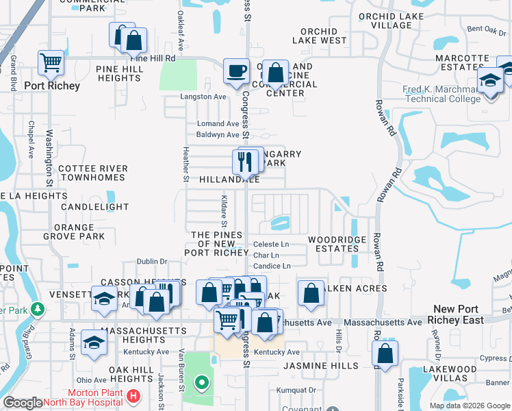 map of restaurants, bars, coffee shops, grocery stores, and more near 6512 Ketch Lane in New Port Richey