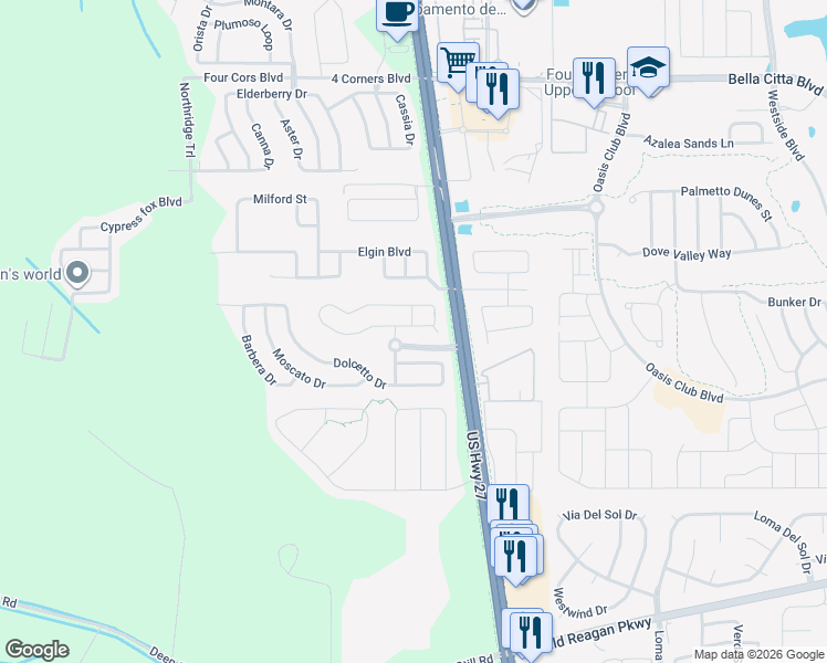 map of restaurants, bars, coffee shops, grocery stores, and more near 154 Dolcetto Drive in Davenport