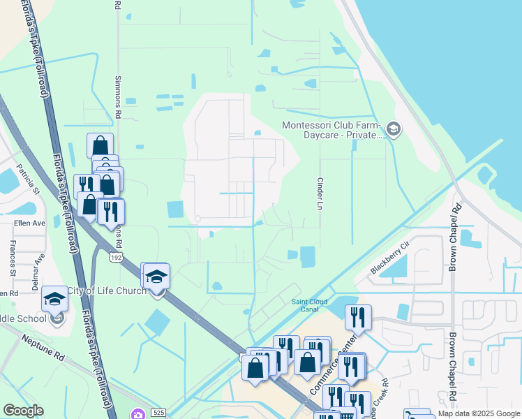 map of restaurants, bars, coffee shops, grocery stores, and more near 3031 Big Sky Boulevard in Kissimmee