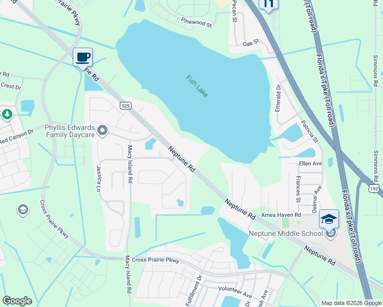 map of restaurants, bars, coffee shops, grocery stores, and more near 2423 Neptune Road in Kissimmee