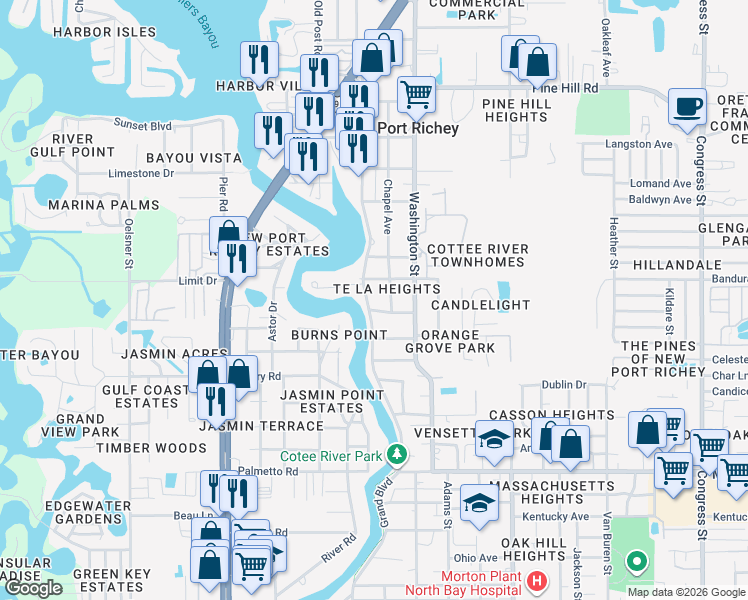 map of restaurants, bars, coffee shops, grocery stores, and more near 7400 Grand Boulevard in New Port Richey