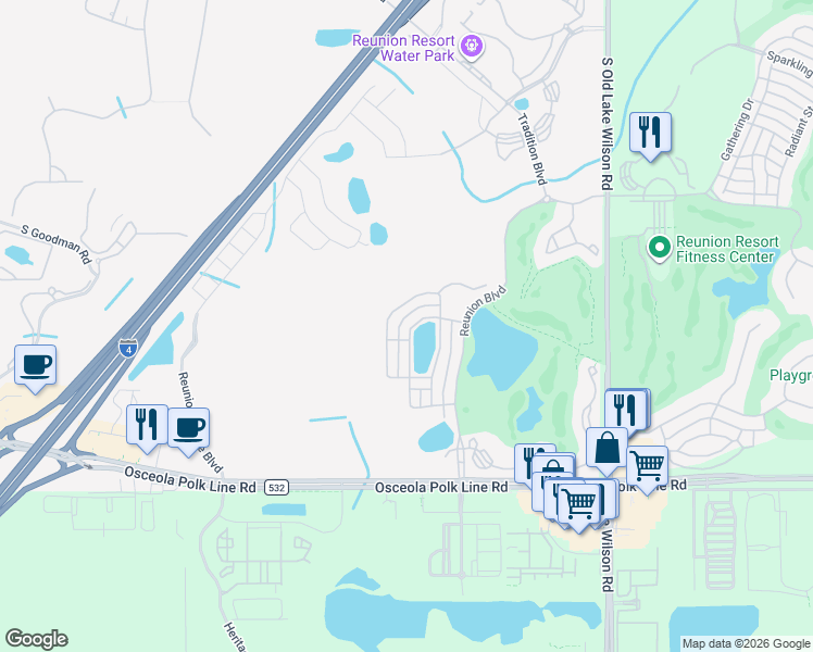 map of restaurants, bars, coffee shops, grocery stores, and more near 7758 Linkside Loop in Four Corners