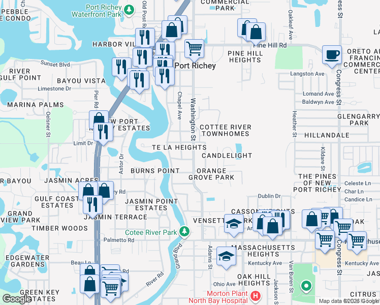 map of restaurants, bars, coffee shops, grocery stores, and more near 5648 Kenwood Avenue in New Port Richey