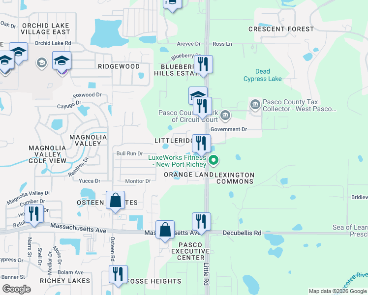 map of restaurants, bars, coffee shops, grocery stores, and more near 7710 Red Mill Circle in New Port Richey