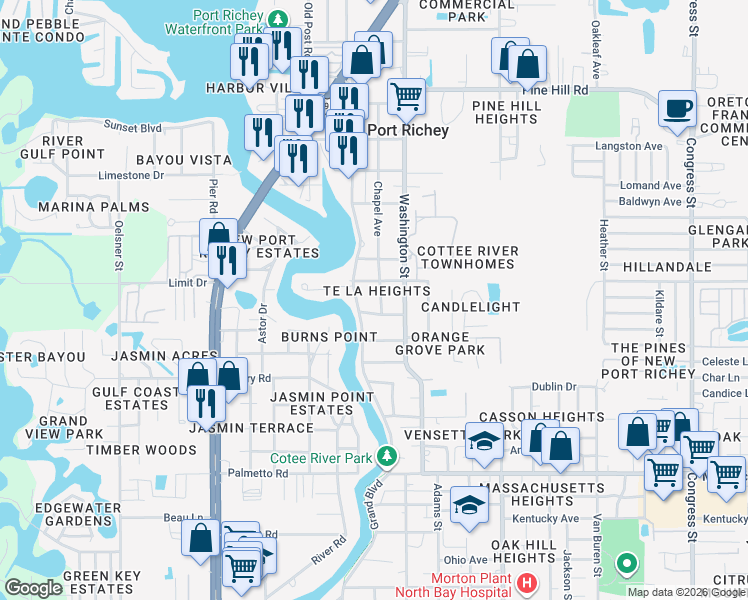map of restaurants, bars, coffee shops, grocery stores, and more near 5650 Broadway Avenue in New Port Richey