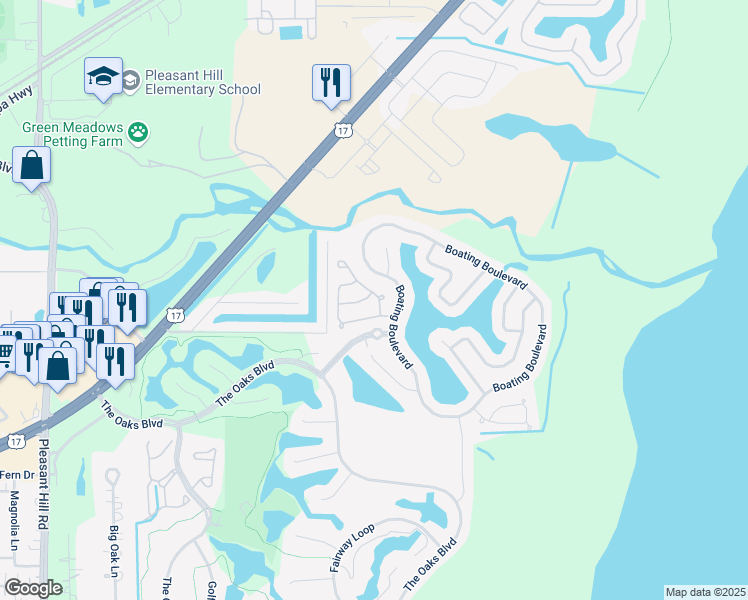 map of restaurants, bars, coffee shops, grocery stores, and more near 2820 Boating Boulevard in Kissimmee