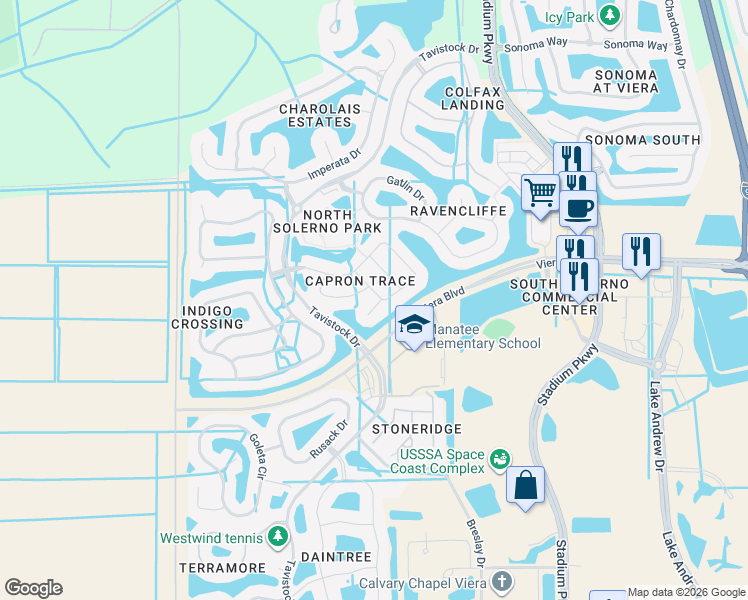 map of restaurants, bars, coffee shops, grocery stores, and more near 3093 Siderwheel Drive in Rockledge
