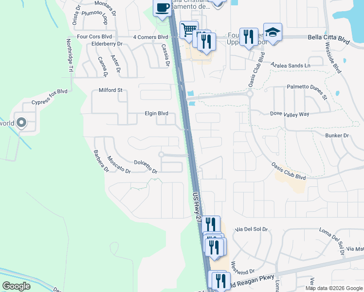map of restaurants, bars, coffee shops, grocery stores, and more near 422 Corvina Drive in Davenport