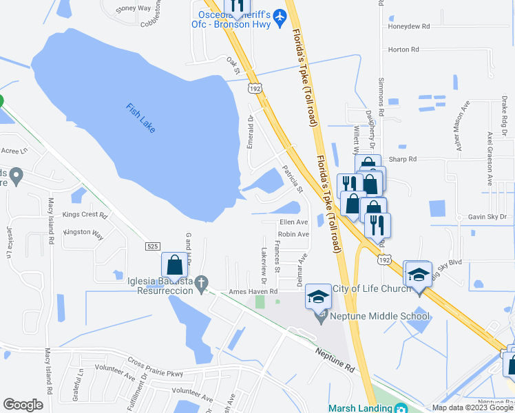 map of restaurants, bars, coffee shops, grocery stores, and more near 2638 Emerald Lake Court in Kissimmee