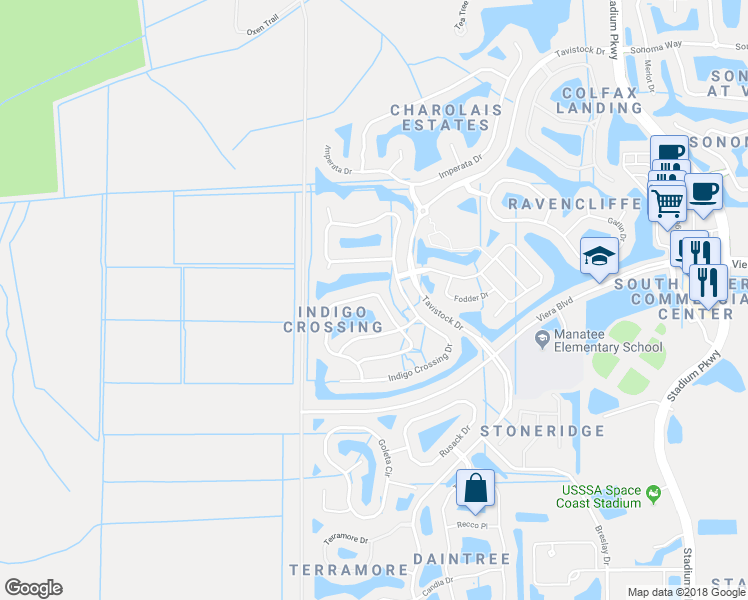 map of restaurants, bars, coffee shops, grocery stores, and more near 5568 Duskywing Drive in Rockledge