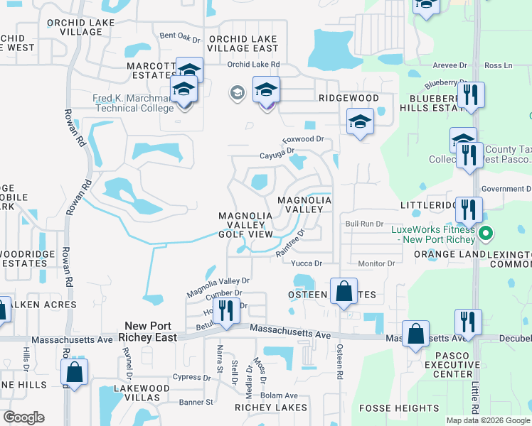 map of restaurants, bars, coffee shops, grocery stores, and more near 7706 Cherrytree Lane in New Port Richey
