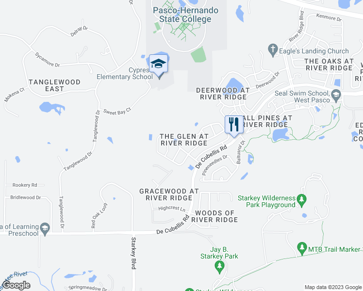 map of restaurants, bars, coffee shops, grocery stores, and more near 7436 Goldeneye Drive in New Port Richey