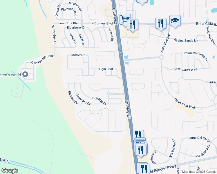 map of restaurants, bars, coffee shops, grocery stores, and more near 106 Corvina Drive in Davenport