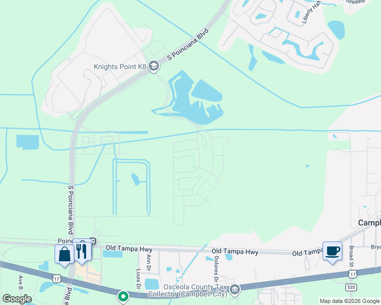 map of restaurants, bars, coffee shops, grocery stores, and more near S Rail Ave in Kissimmee