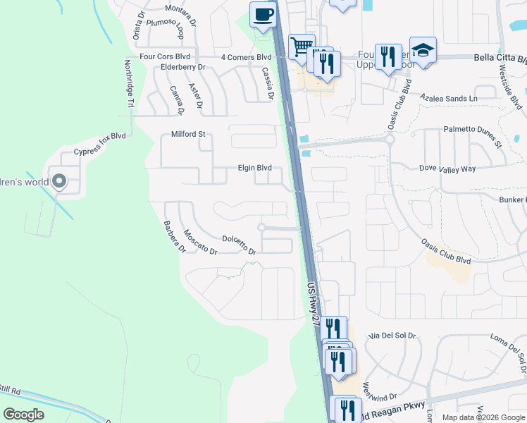 map of restaurants, bars, coffee shops, grocery stores, and more near 544 Corvina Drive in Davenport