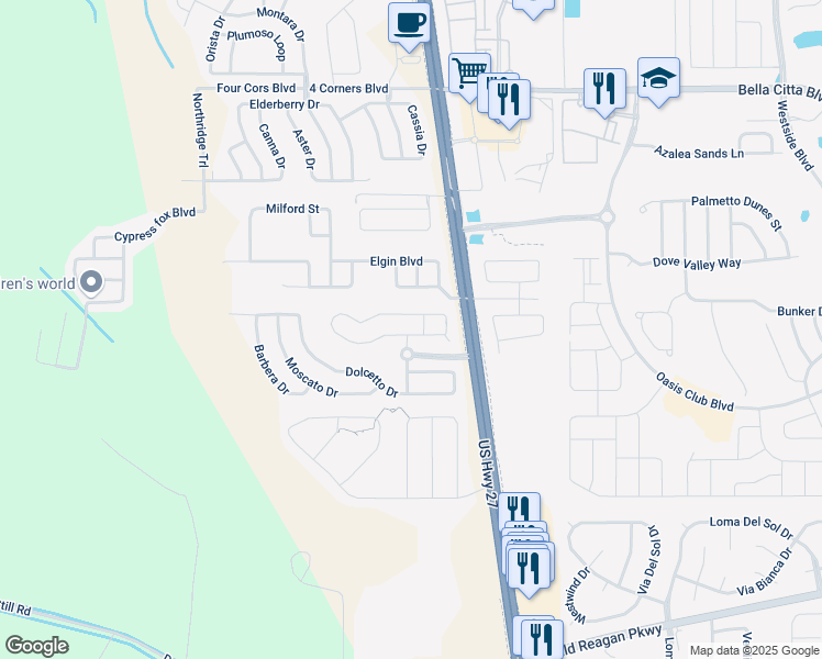 map of restaurants, bars, coffee shops, grocery stores, and more near 544 Corvina Drive in Davenport