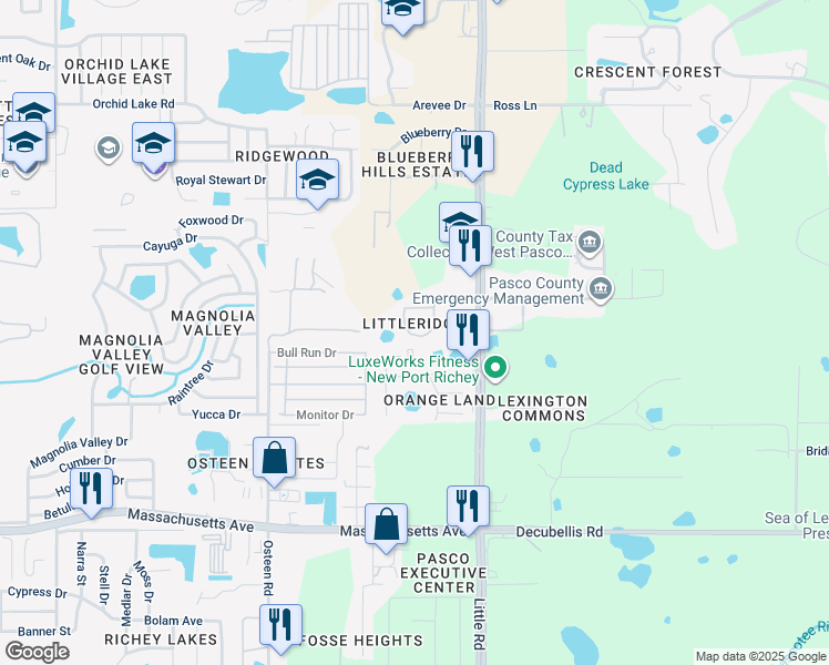 map of restaurants, bars, coffee shops, grocery stores, and more near 7645 Red Mill Circle in New Port Richey