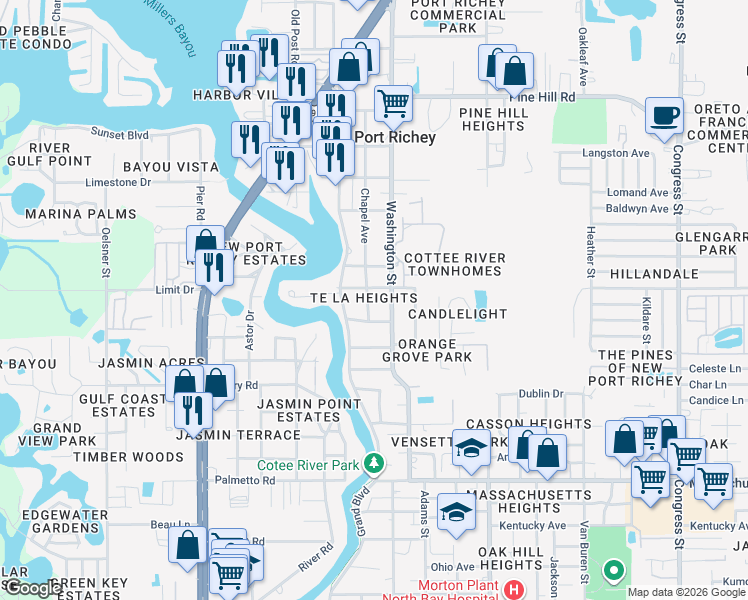map of restaurants, bars, coffee shops, grocery stores, and more near 5650 Broadway Avenue in New Port Richey