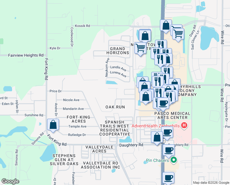 map of restaurants, bars, coffee shops, grocery stores, and more near 37506 Neukom Avenue in Zephyrhills