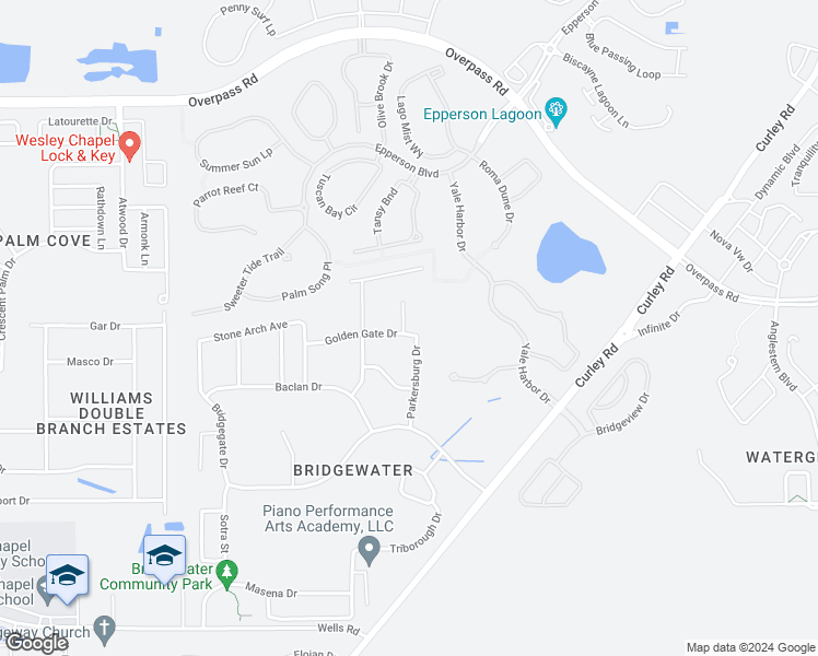 map of restaurants, bars, coffee shops, grocery stores, and more near 31407 Golden Gate Drive in Wesley Chapel