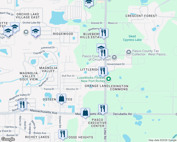 map of restaurants, bars, coffee shops, grocery stores, and more near 7547 Red Mill Circle in New Port Richey