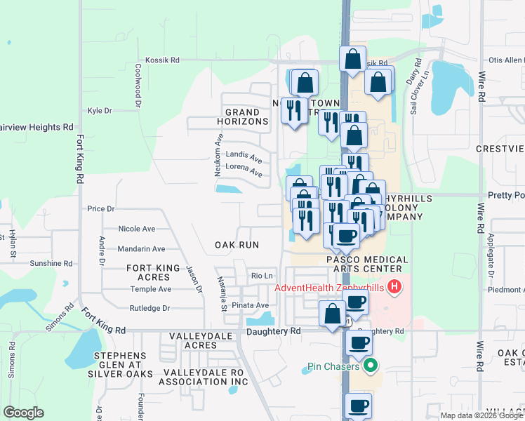 map of restaurants, bars, coffee shops, grocery stores, and more near 37704 Oak Run Circle in Zephyrhills