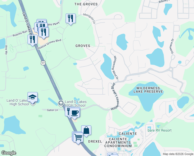 map of restaurants, bars, coffee shops, grocery stores, and more near 7441 Trovita Road in Land O' Lakes