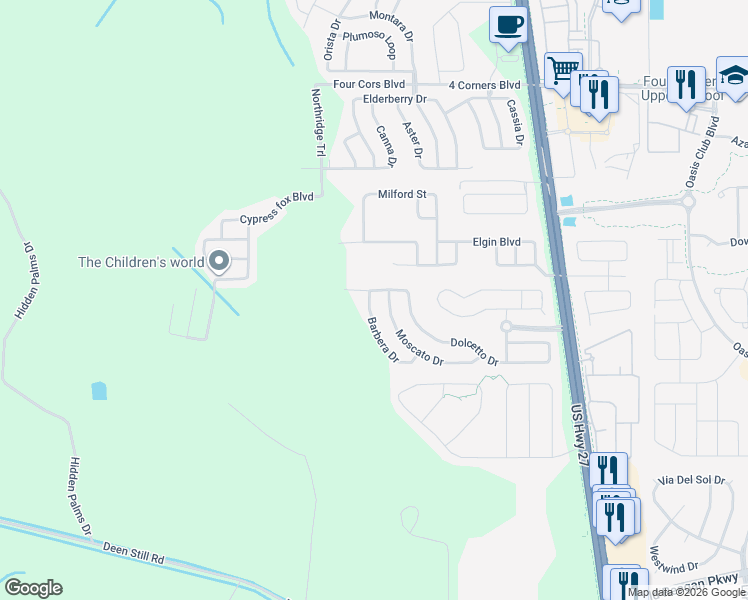 map of restaurants, bars, coffee shops, grocery stores, and more near 354 Barbera Drive in Davenport