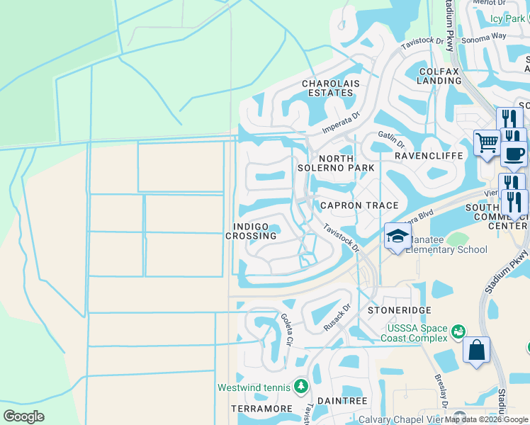 map of restaurants, bars, coffee shops, grocery stores, and more near 5529 Duskywing Drive in Rockledge