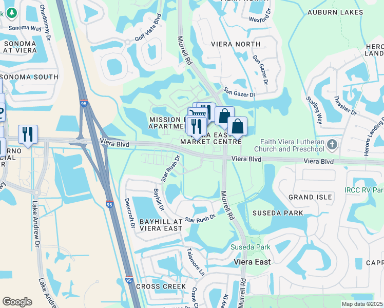 map of restaurants, bars, coffee shops, grocery stores, and more near Viera Boulevard in Rockledge