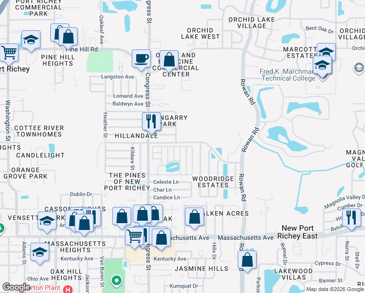 map of restaurants, bars, coffee shops, grocery stores, and more near 6709 Lamprey Lane in New Port Richey