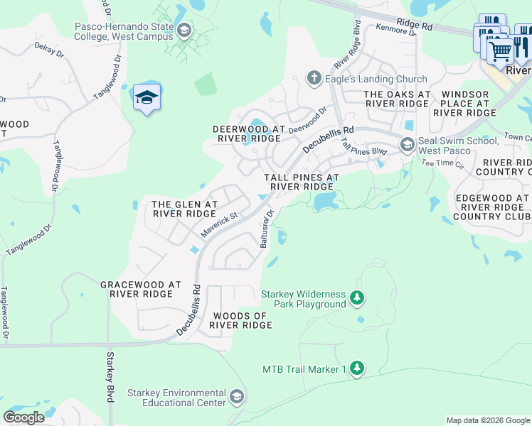 map of restaurants, bars, coffee shops, grocery stores, and more near 7431 Baltusrol Drive in New Port Richey