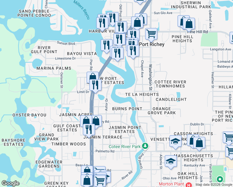 map of restaurants, bars, coffee shops, grocery stores, and more near 7502 Astor Drive in New Port Richey