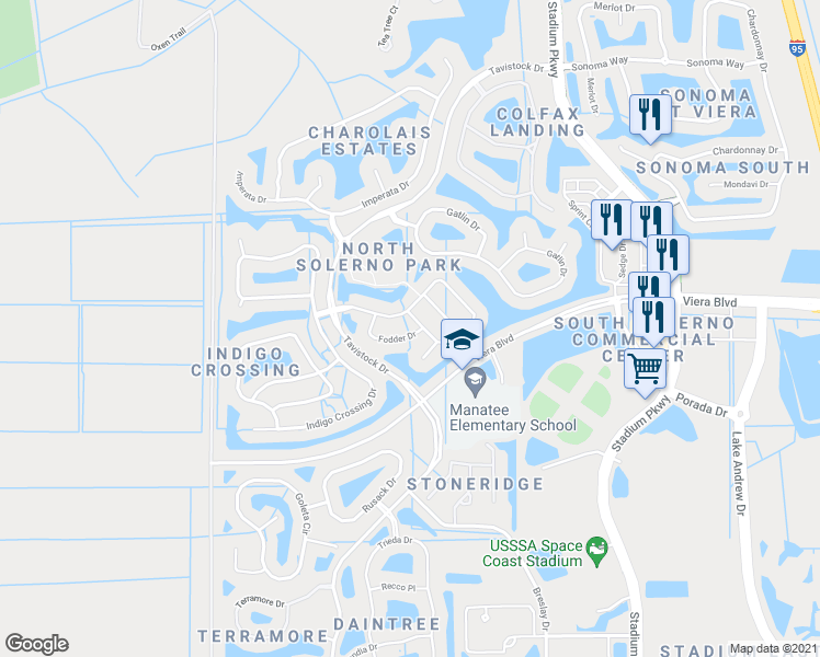 map of restaurants, bars, coffee shops, grocery stores, and more near 3514 Fodder Drive in Rockledge