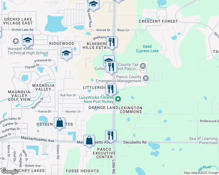 map of restaurants, bars, coffee shops, grocery stores, and more near 8425 Blue Rock Drive in New Port Richey