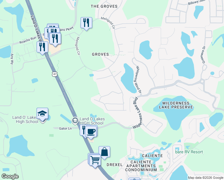 map of restaurants, bars, coffee shops, grocery stores, and more near 20841 Eustis Road in Land O' Lakes