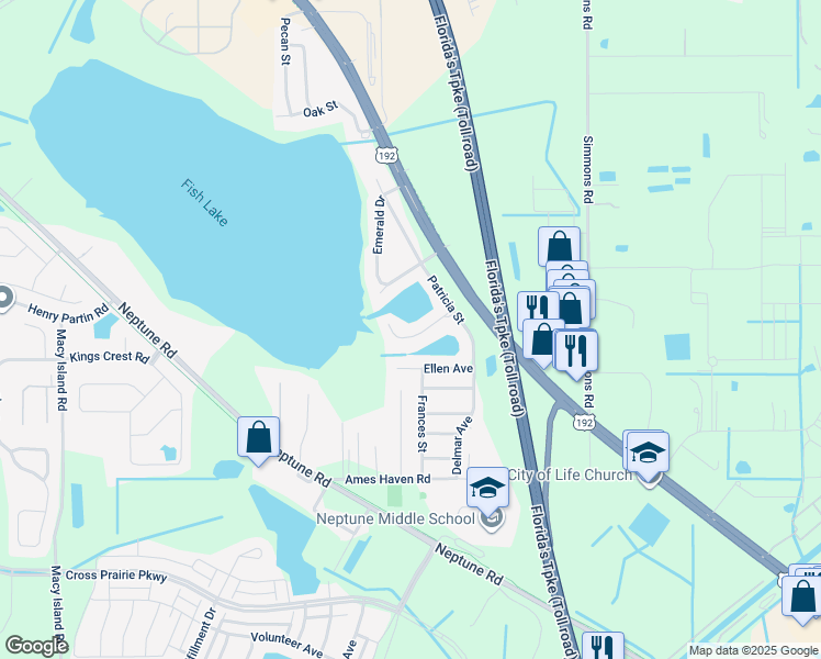 map of restaurants, bars, coffee shops, grocery stores, and more near 2601 Emerald Lake Court in Kissimmee