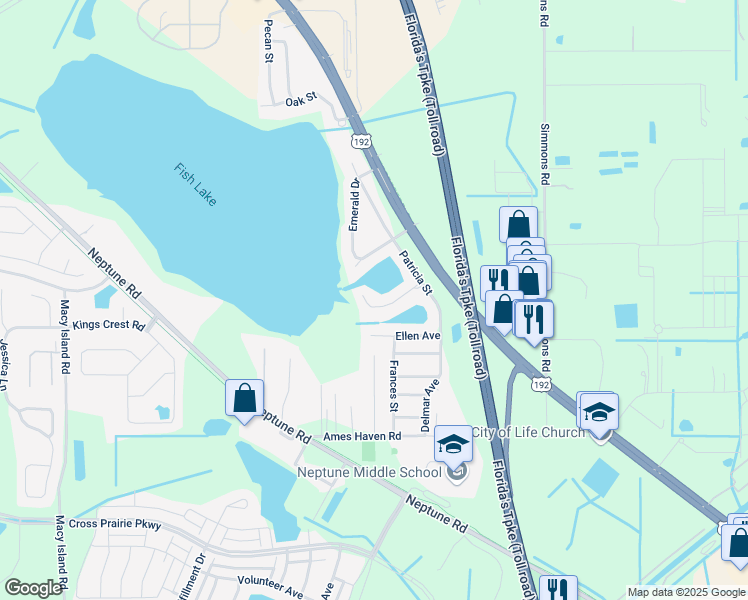 map of restaurants, bars, coffee shops, grocery stores, and more near 2601 Emerald Lake Court in Kissimmee