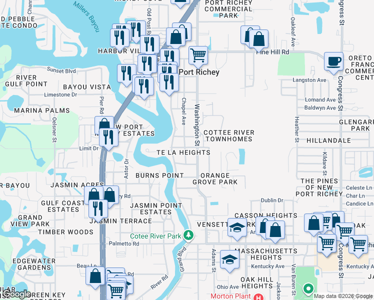 map of restaurants, bars, coffee shops, grocery stores, and more near 5650 Broadway Avenue in New Port Richey