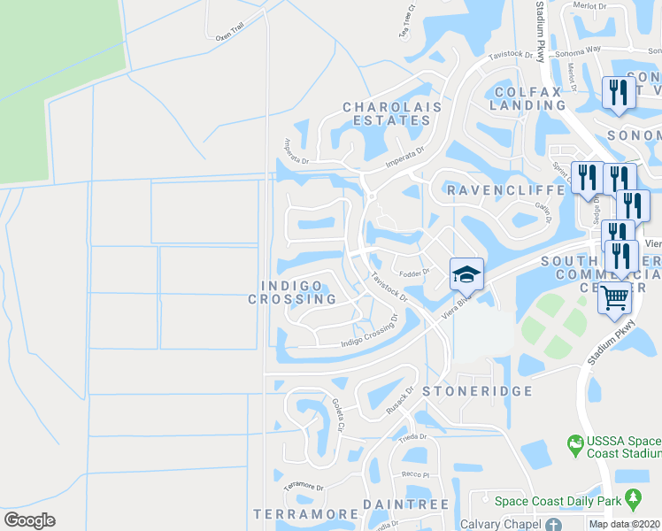 map of restaurants, bars, coffee shops, grocery stores, and more near 5589 Duskywing Drive in Rockledge