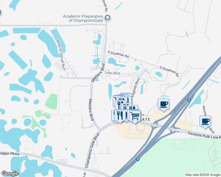 map of restaurants, bars, coffee shops, grocery stores, and more near 8304 Portofino Drive in Davenport