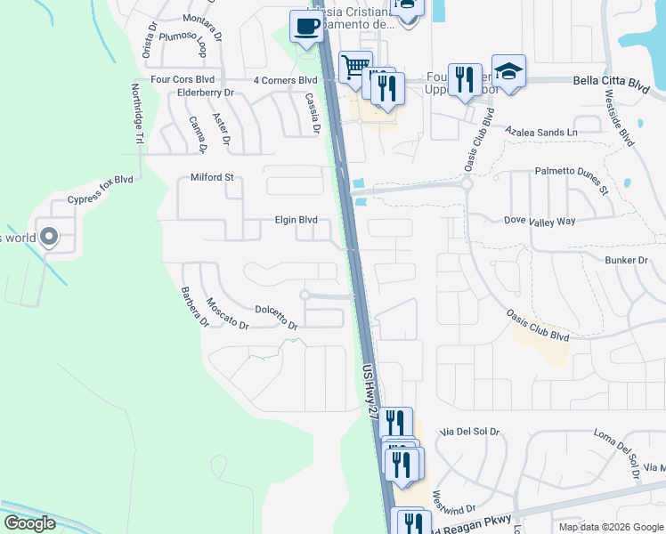 map of restaurants, bars, coffee shops, grocery stores, and more near 422 Corvina Drive in Davenport