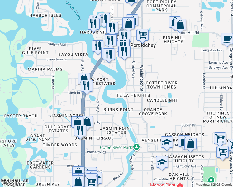 map of restaurants, bars, coffee shops, grocery stores, and more near 5453 Manatee Point Drive in New Port Richey