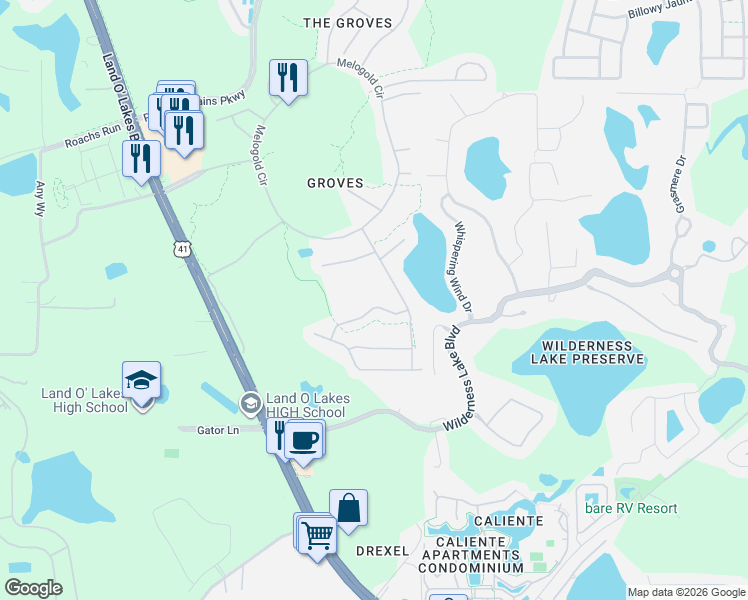 map of restaurants, bars, coffee shops, grocery stores, and more near 20835 Eustis Road in Land O' Lakes