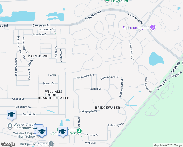 map of restaurants, bars, coffee shops, grocery stores, and more near 31107 Stone Arch Avenue in Wesley Chapel