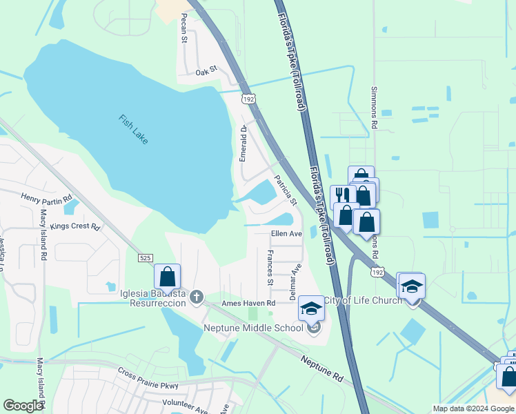 map of restaurants, bars, coffee shops, grocery stores, and more near 2601 Emerald Lake Court in Kissimmee