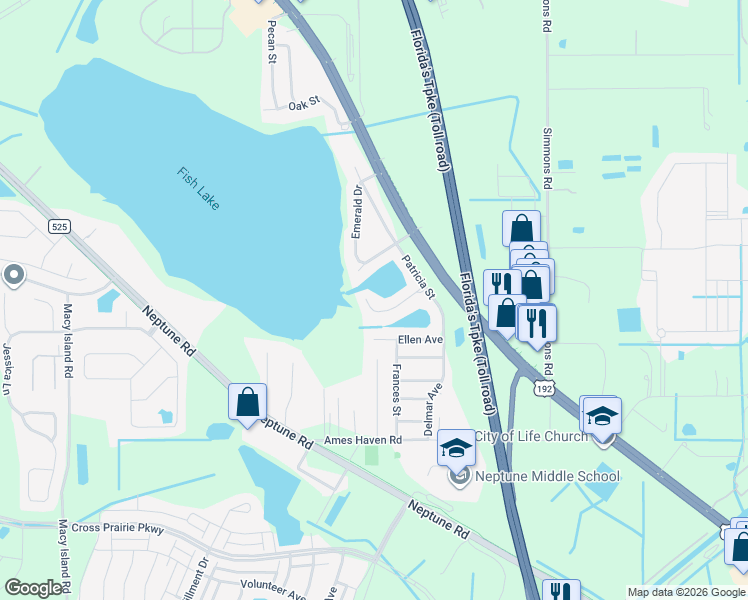map of restaurants, bars, coffee shops, grocery stores, and more near 2601 Emerald Lake Court in Kissimmee
