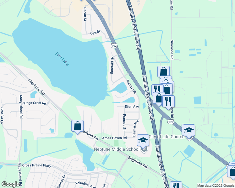 map of restaurants, bars, coffee shops, grocery stores, and more near 2601 Emerald Lake Court in Kissimmee
