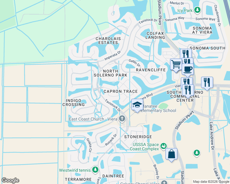 map of restaurants, bars, coffee shops, grocery stores, and more near 3563 Siderwheel Drive in Rockledge