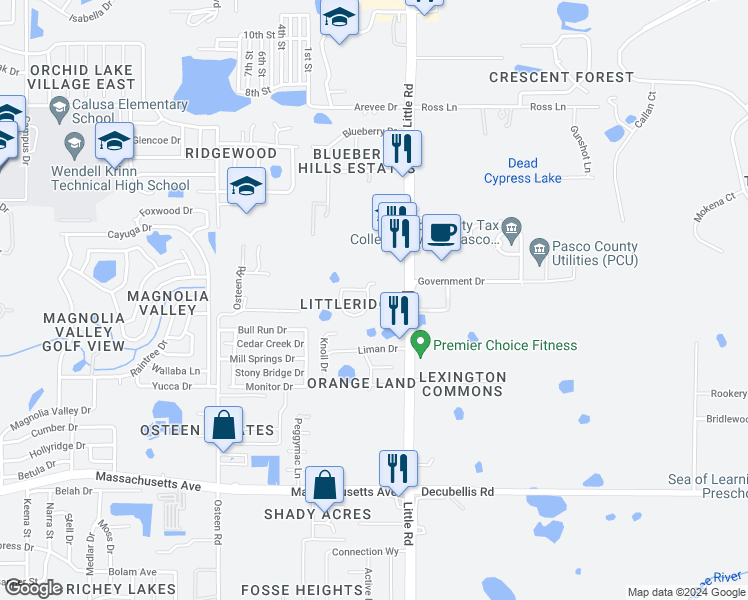 map of restaurants, bars, coffee shops, grocery stores, and more near 7500 Red Mill Circle in New Port Richey